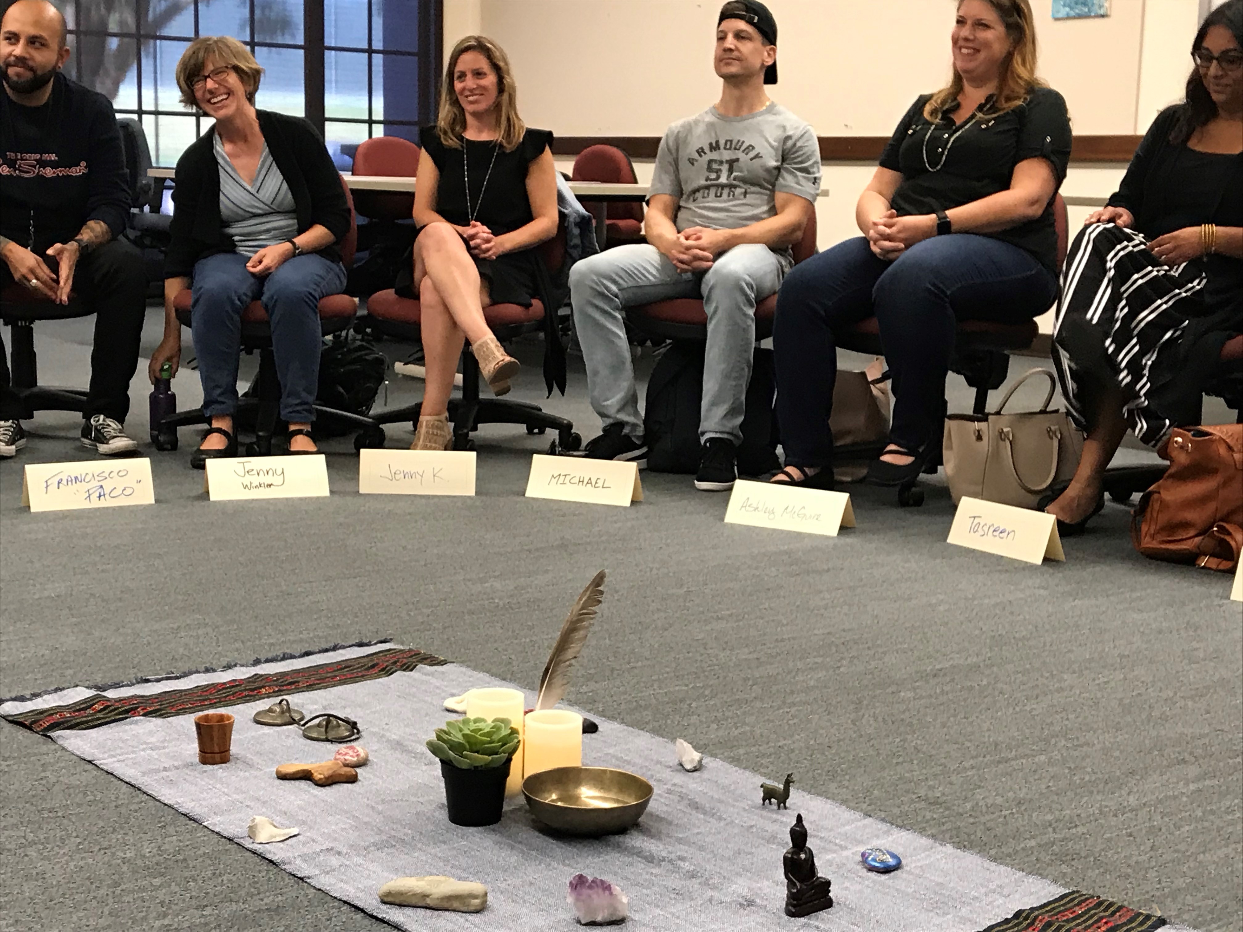A representation of a restorative justice facilitation of a circle technique showing five people sitting in a circle